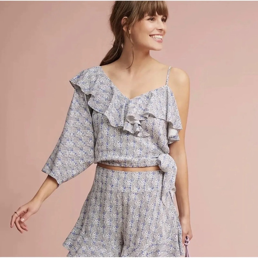 Maeve Anthropologie Blue Pineapple Print Ruffle Cropped Blouse